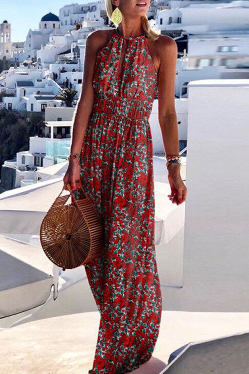 Women's Halter Neck Maxi Dress - Bohemian Paisley Print - Flowy Sleeveless Elegant Fit