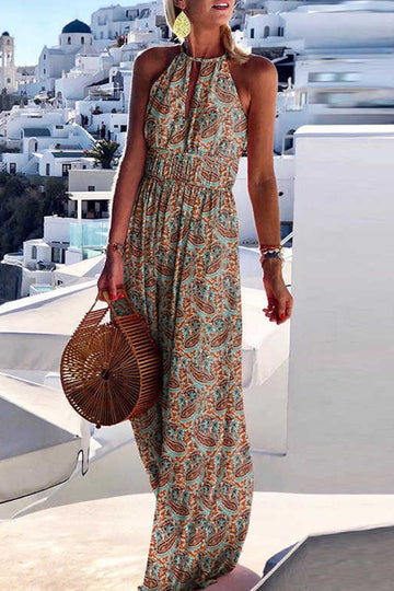 Women's Halter Neck Maxi Dress - Bohemian Paisley Print - Flowy Sleeveless Elegant Fit