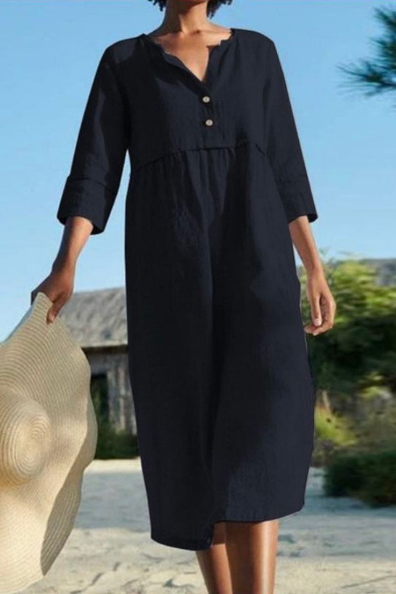 Women's Midi Dress - Relaxed Fit - Round Neck - 3/4 Sleeve Button-Up Casual Wear