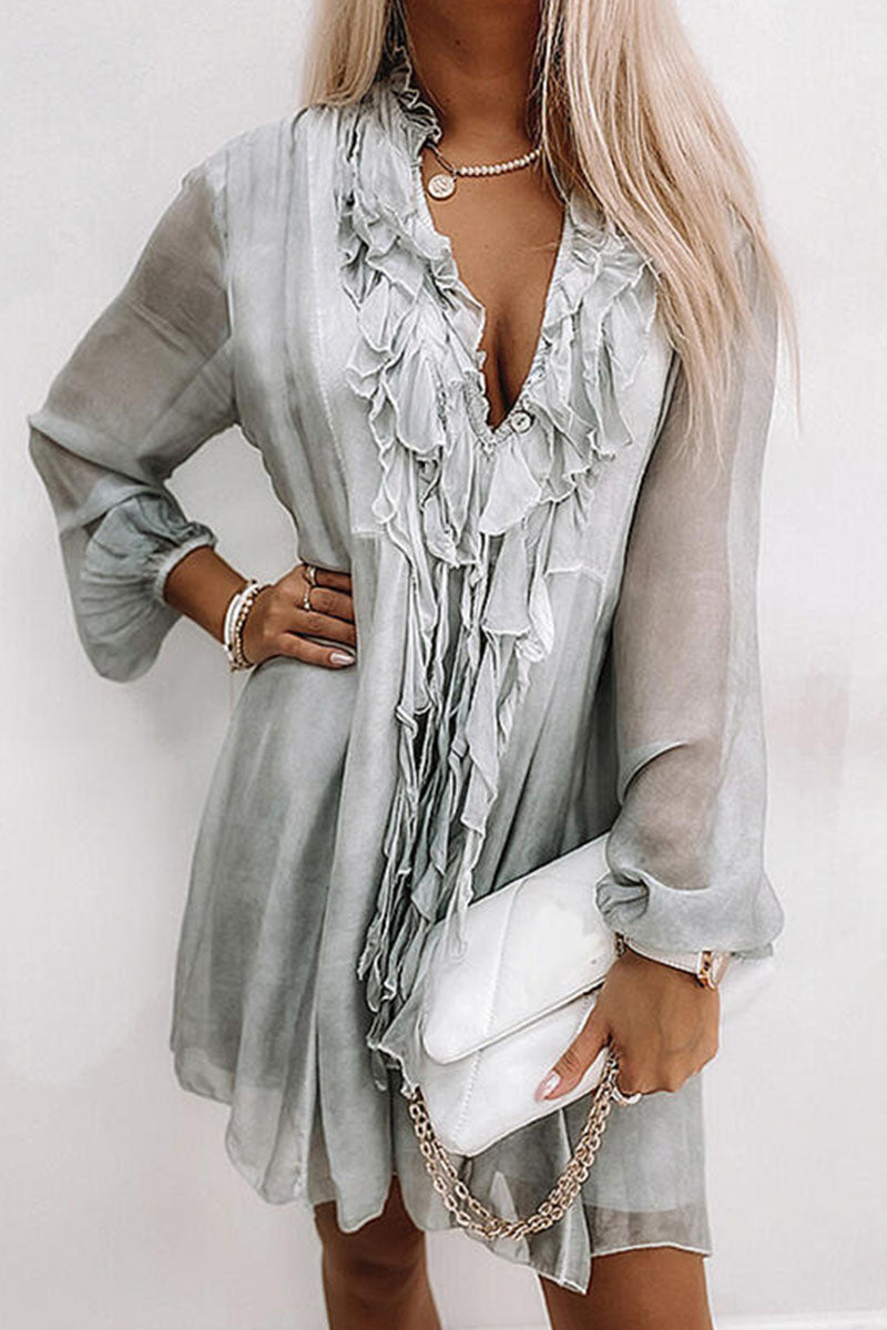 Women's Dress - Knee Length Flowy Fit - V-Neck Ruffle Lace Detail - Sheer Long Sleeve