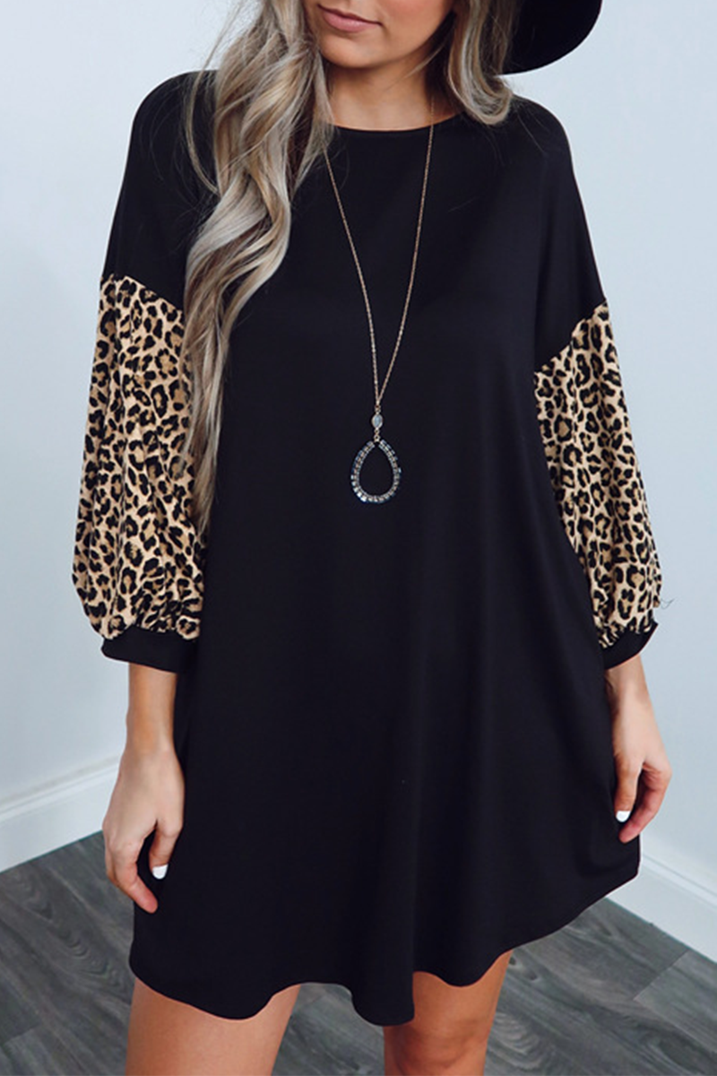 Cate - Long Puff Sleeve Dress with Leopart Print