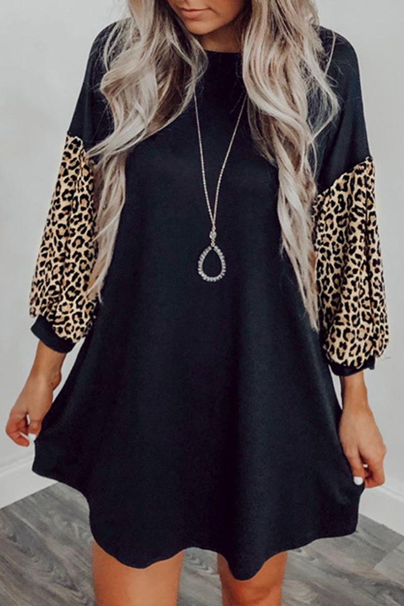 Cate - Long Puff Sleeve Dress with Leopart Print