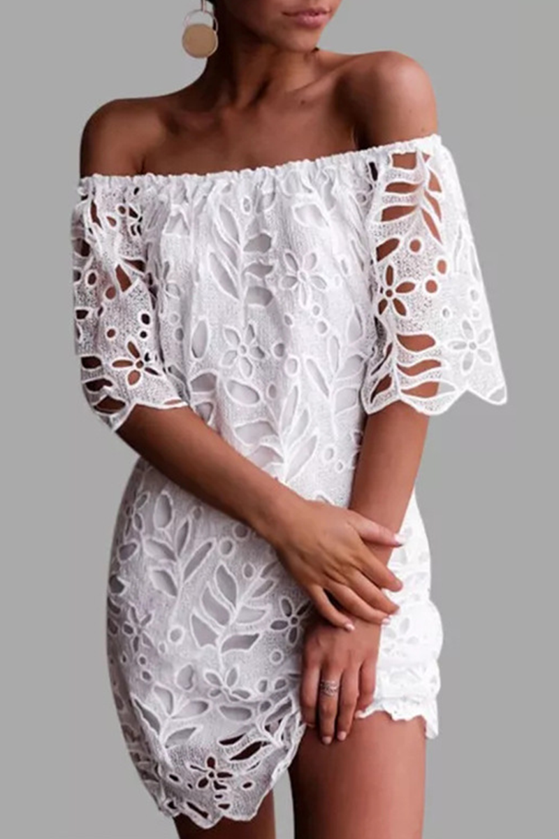 Women’s Off-Shoulder Lace Dress – Floral Pattern – Scalloped Hem – Elegant Fit