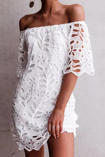 Maricar - hollowed out lace off-the-shoulder dress