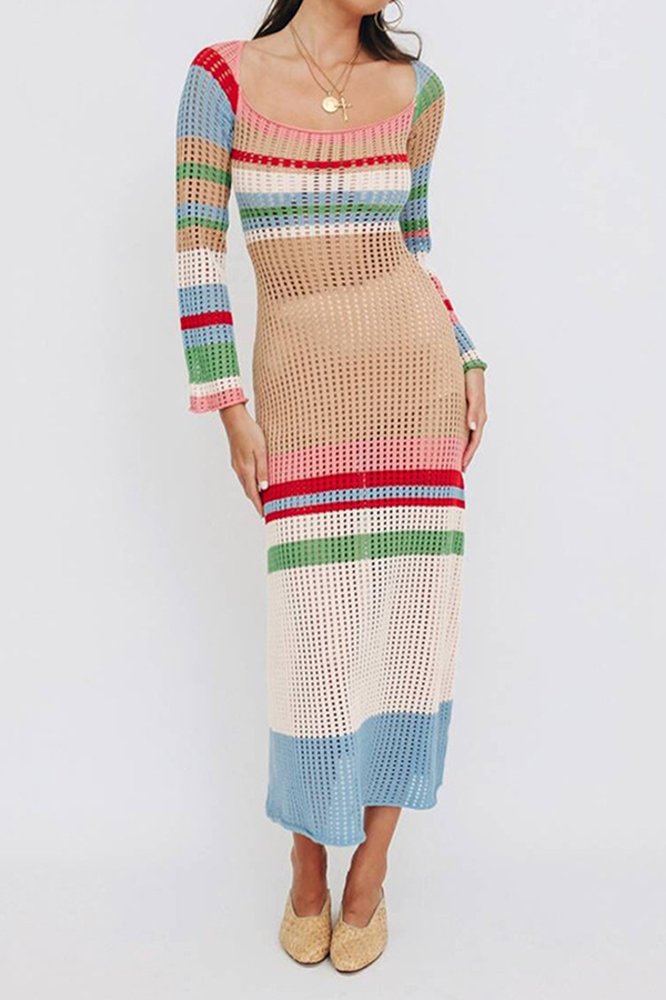 Thalia - Colorful Contrast Knitted Long Sleeve Dress