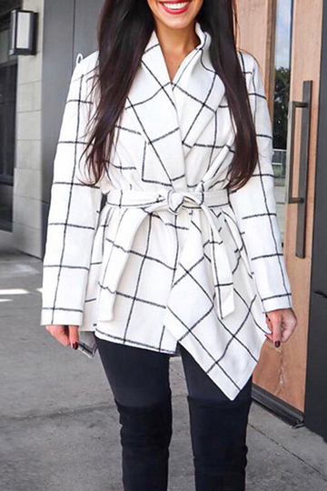 Thalia - Long Sleeved Plaid Coat with Belt