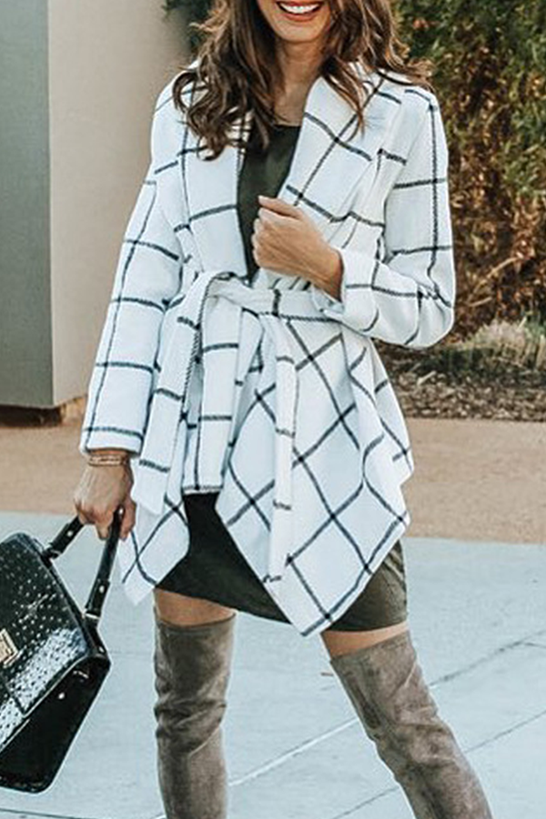 Thalia - Long Sleeved Plaid Coat with Belt