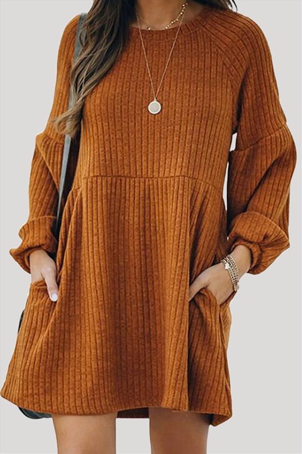 Women's Sweater Dress - Ribbed Knit - Long Balloon Sleeves - Crew Neck with Pockets