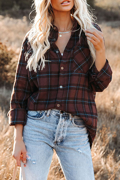 Tiana - oversized long sleeve plaid shirt with turn down collar