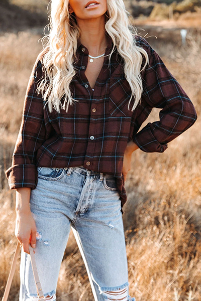 Tiana - oversized long sleeve plaid shirt with turn down collar