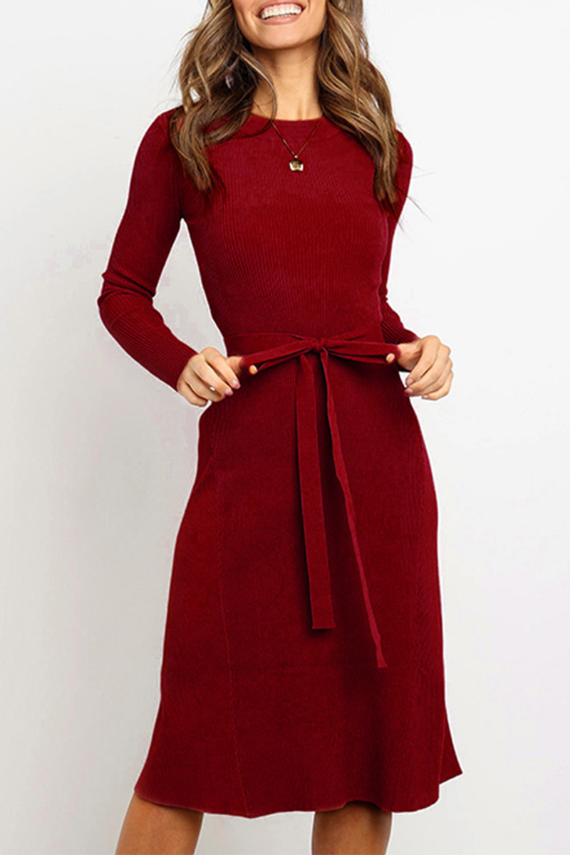 Women's Ribbed Knit Dress - Long Sleeve - Round Neck - Waist Tie - Knee Length