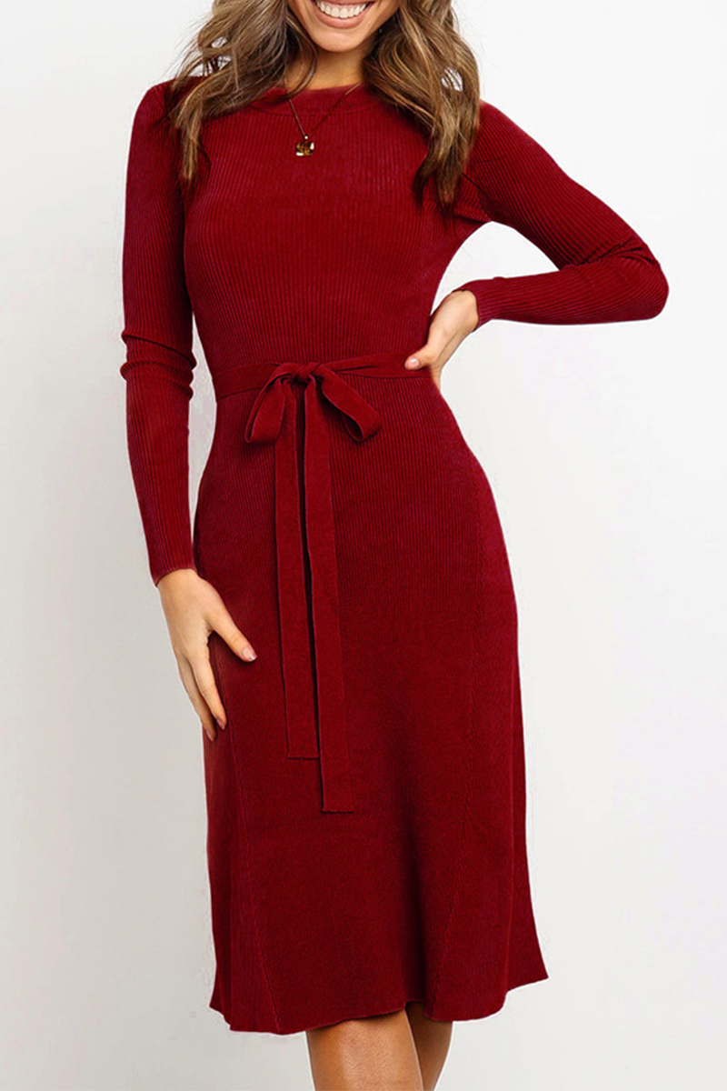 Women's Ribbed Knit Dress - Long Sleeve - Round Neck - Waist Tie - Knee Length