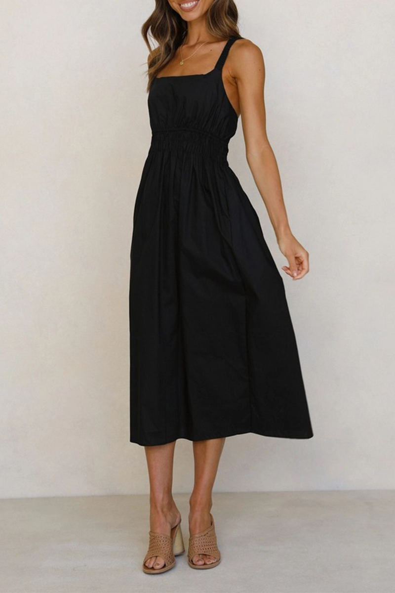 Women's Midi Dress - Square Neck - Thin Straps - Shirred Waist - Flowy Elegant Fit