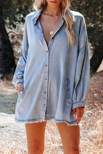 Women's Denim Shirt Dress - Button-Down - Relaxed Fit - Long Sleeve Frayed Hem