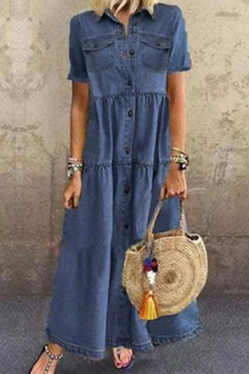 Celia - short sleeve turn down collar denim dress with button closure