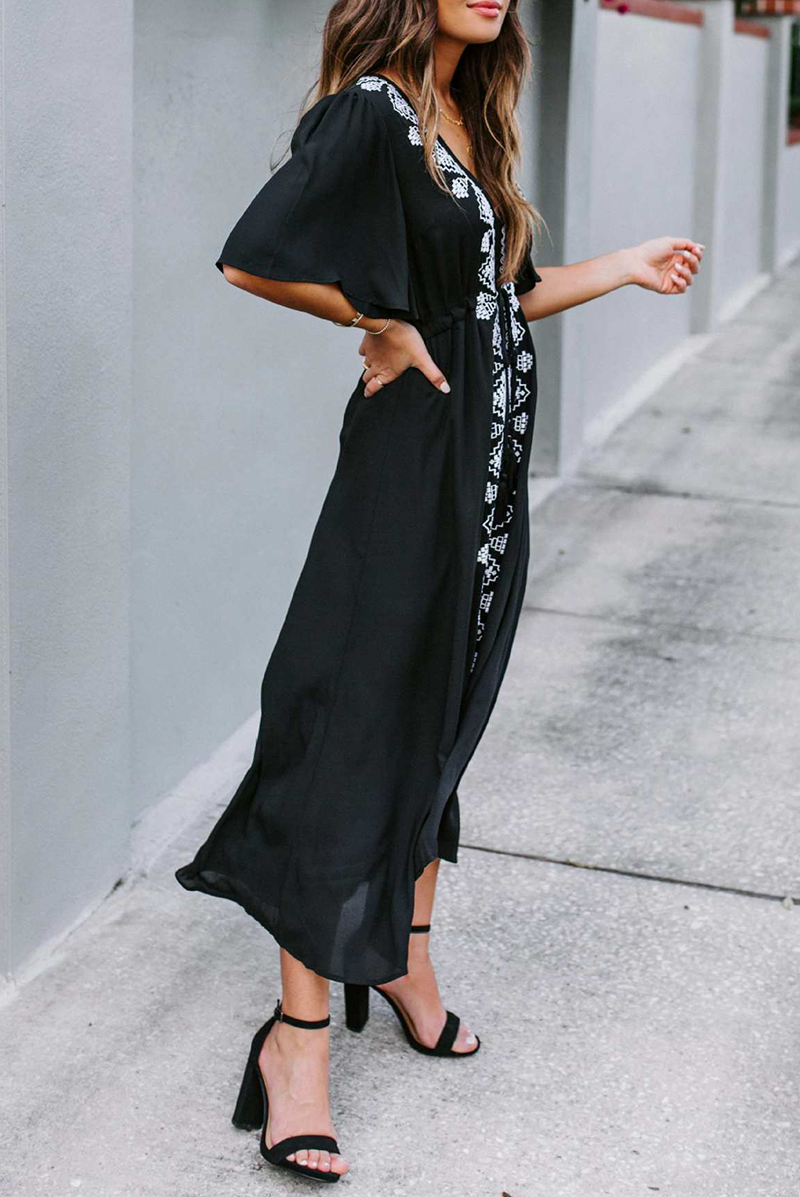 Women's Maxi Dress - Embroidered Boho Style - V-Neck - Short Flare Sleeves - Flowy Fit