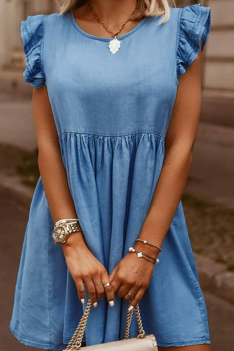 Hilda - casual round neck ruffle sleeve denim dress