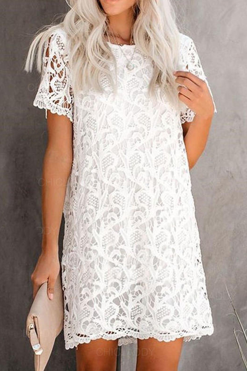 Women's Lace Dress - Sheath Silhouette - Short Sleeve Elegant Knee-Length