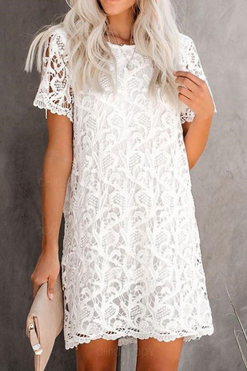 Women's Lace Dress - Sheath Silhouette - Short Sleeve Elegant Knee-Length