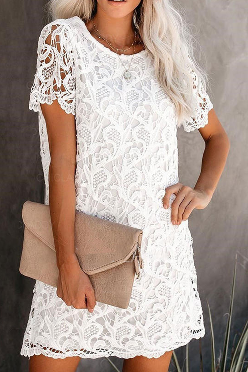 Women's Lace Dress - Sheath Silhouette - Short Sleeve Elegant Knee-Length