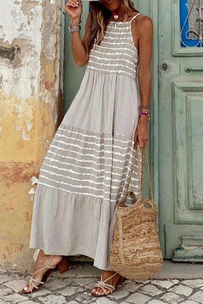 Women's Maxi Dress - Sleeveless Spaghetti Strap - Flowy Boho Striped Casual Wear