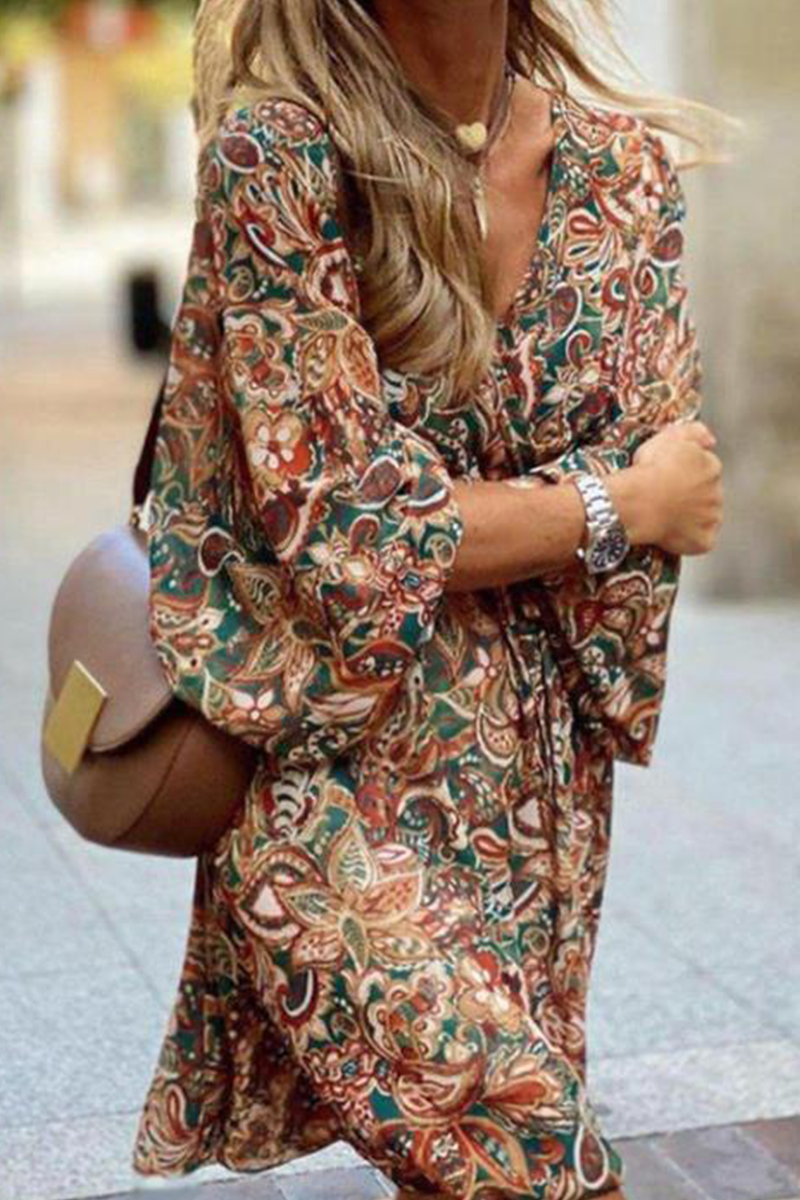 Women's Bohemian Dress - V-Neck - Drawstring Waist - Flowy Long Sleeve Knee-Length