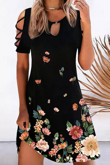 Women’s A-Line Dress - Cold Shoulder Cut-Out - Floral Print - Keyhole Neckline