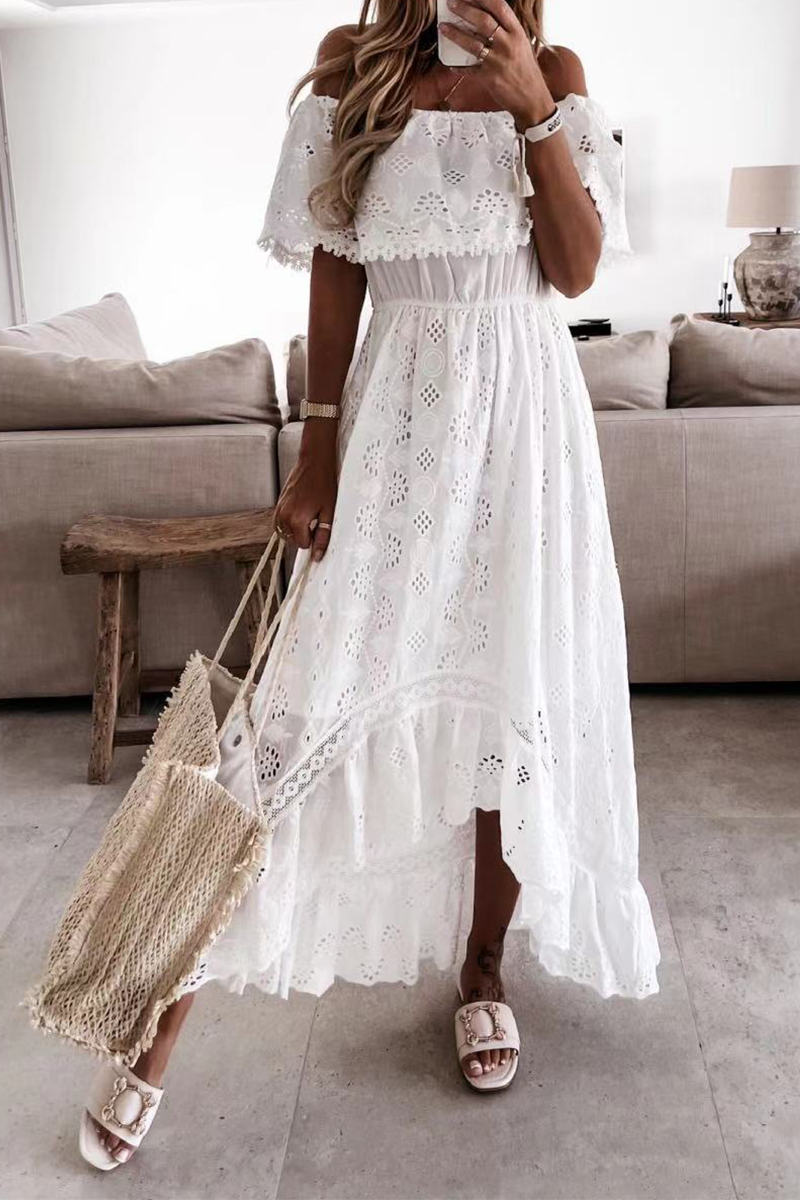 Women's Off-Shoulder Maxi Dress - Eyelet Embroidery - Ruffled Top - Smocked Waist