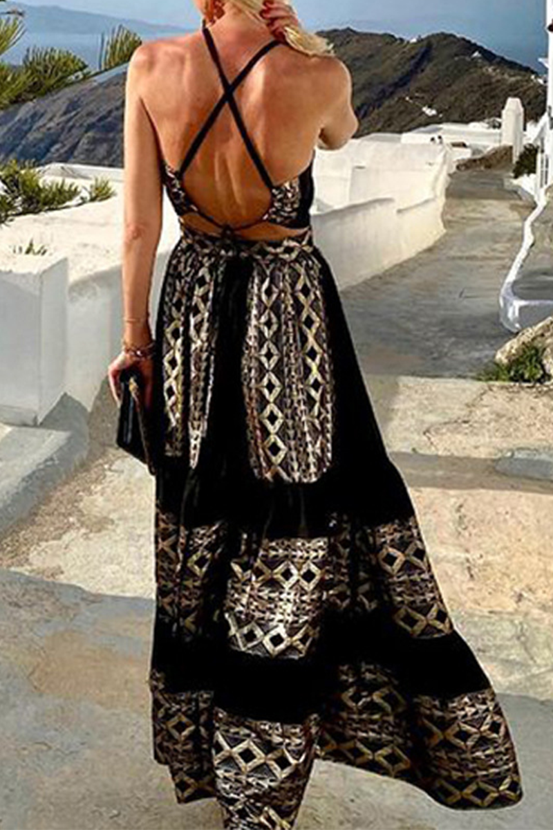 Women's Halter Neck Maxi Dress - Elegant Tiered Design - Open Back - Formal Wear