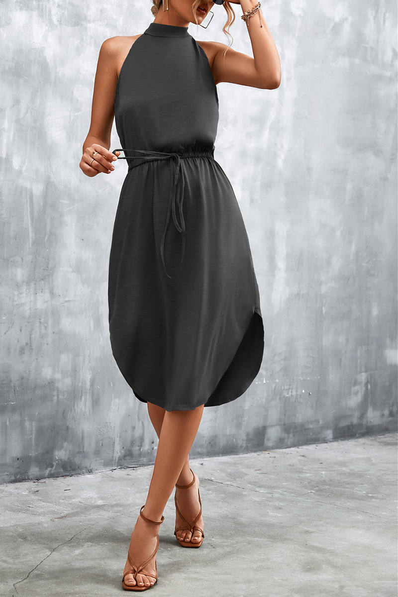 Women's Halter Neck Dress - Sleeveless Jersey - Adjustable Waist - Tulip Hem