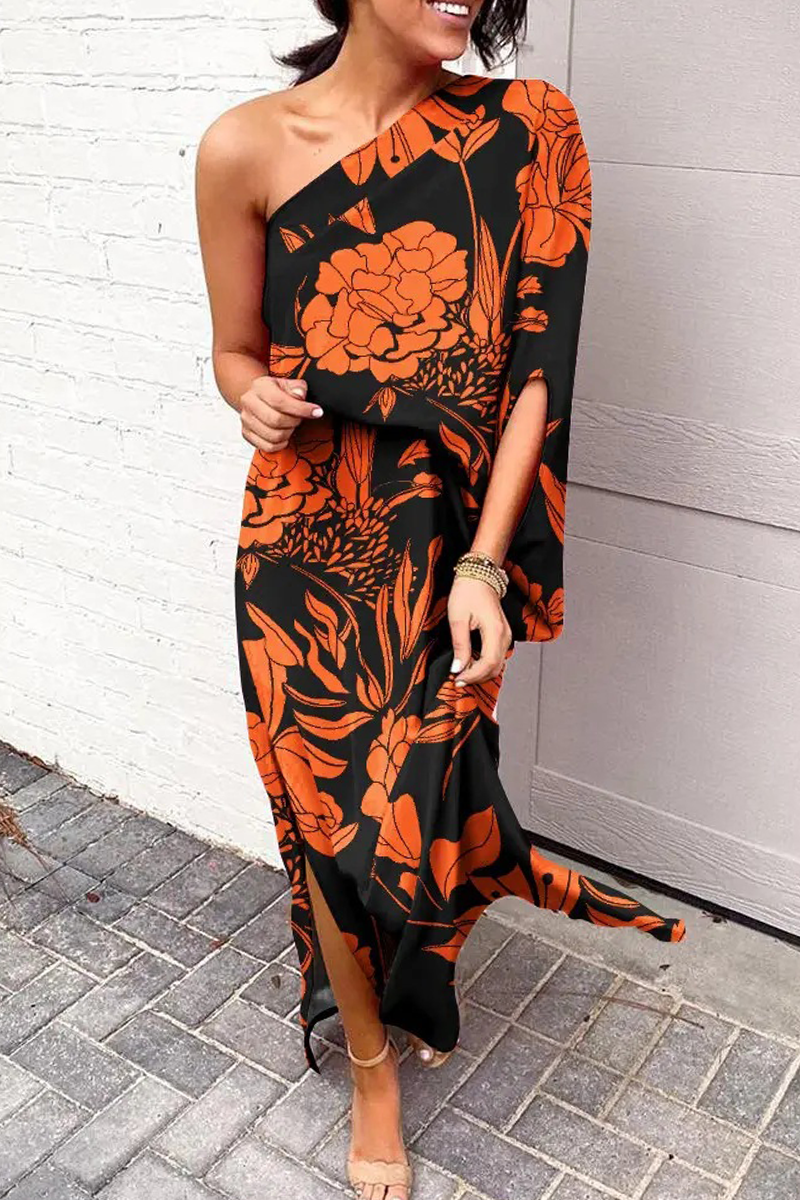 Women's One-Shoulder Maxi Dress - Floral Print - Flowy Elegant Silhouette