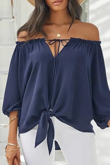 Candace- 3/4 sleeve front tie off shoulder top