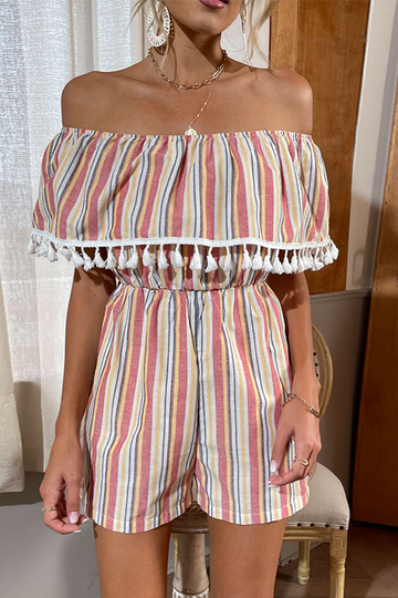 Esther - striped print off-shoulder tassel trim romper