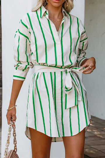 Women's Shirt Dress - Button Down Collared Neckline - Belted Waist - Long Sleeve Striped