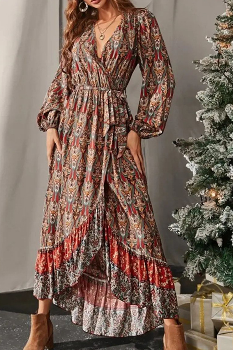 Women's Maxi Dress - Wrap V-Neck - Long Billowy Sleeves - Cinched Waist - Printed