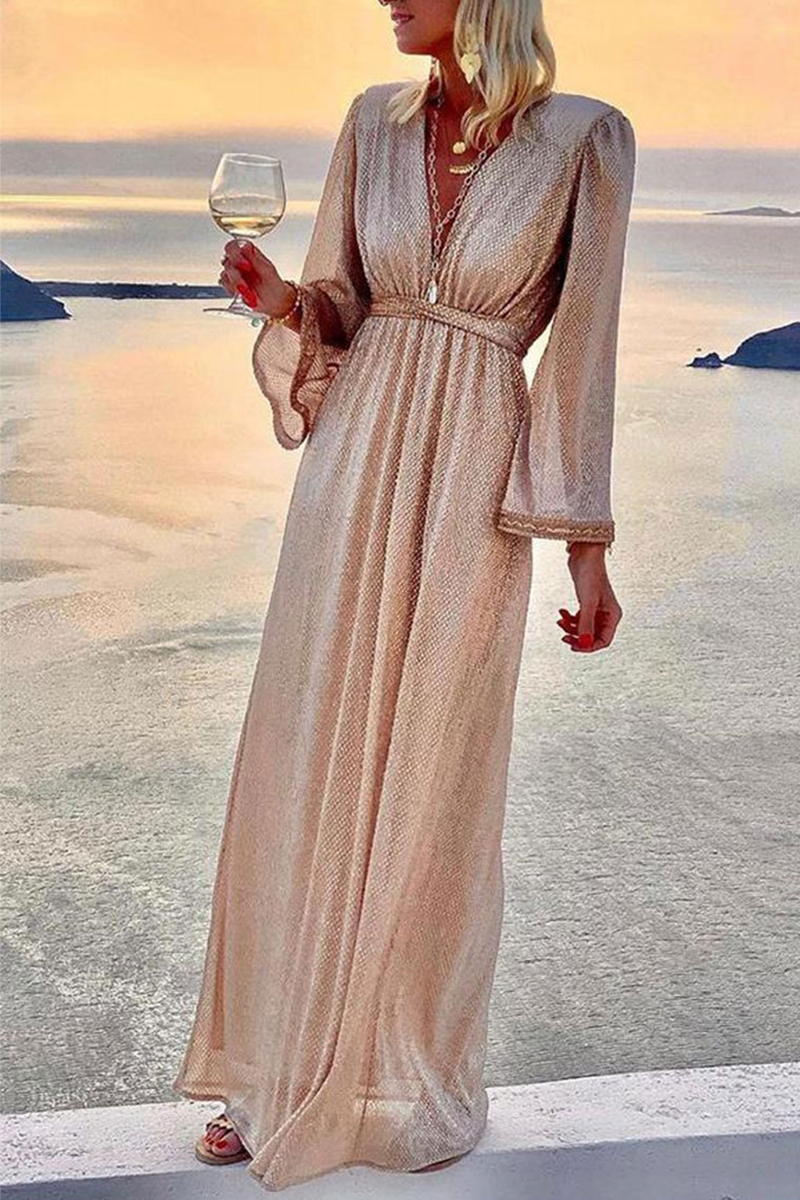 Women's Maxi Dress - Plunging V-Neck - Sheer Long Sleeves - Flowy Floor-Length Gown