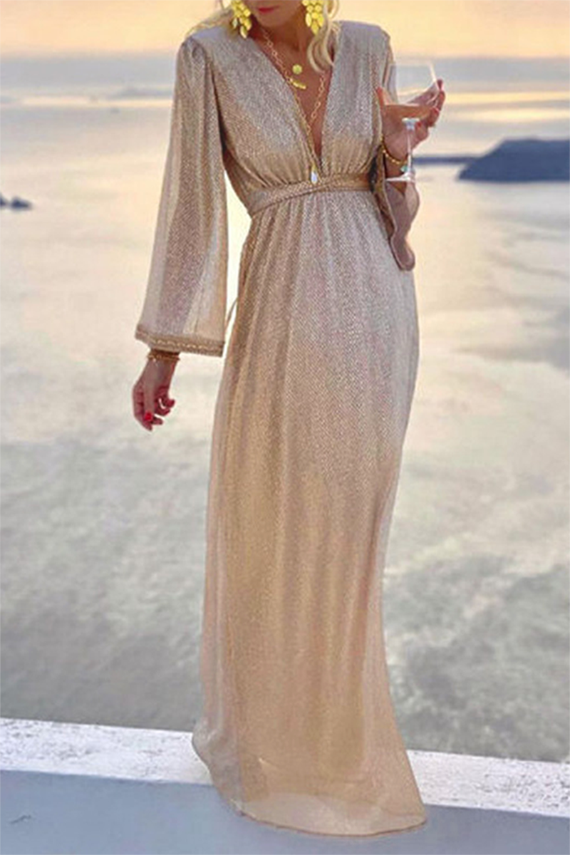 Women's Maxi Dress - Plunging V-Neck - Sheer Long Sleeves - Flowy Floor-Length Gown