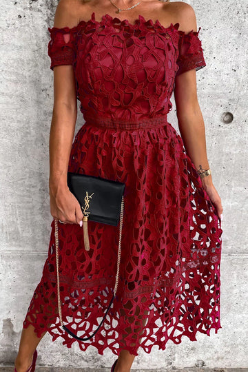 Women's Off-Shoulder Lace Dress - Midi Length - Elegant Floral Detailing