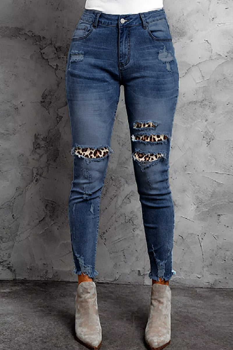 Sage - leopard patchwork ripped skinny high waist pants