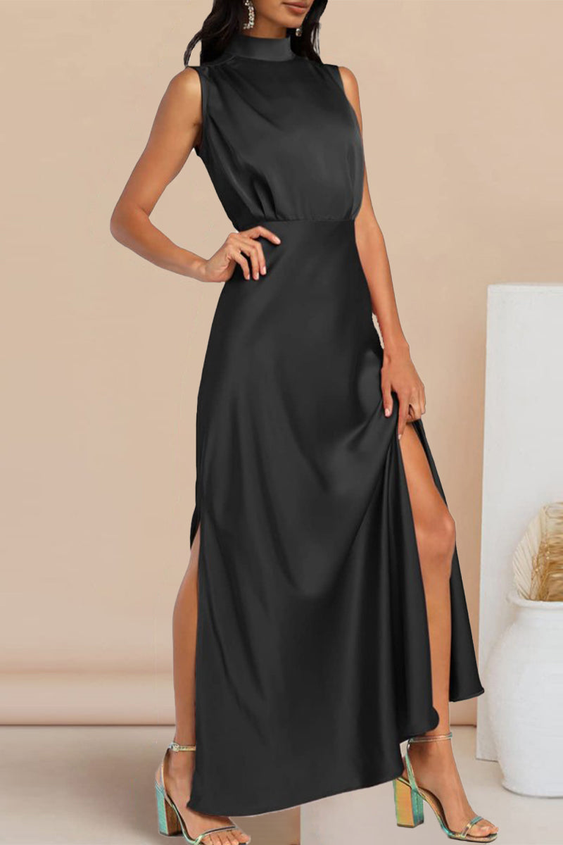 Leanne - satin sleeveless maxi dress with side slit