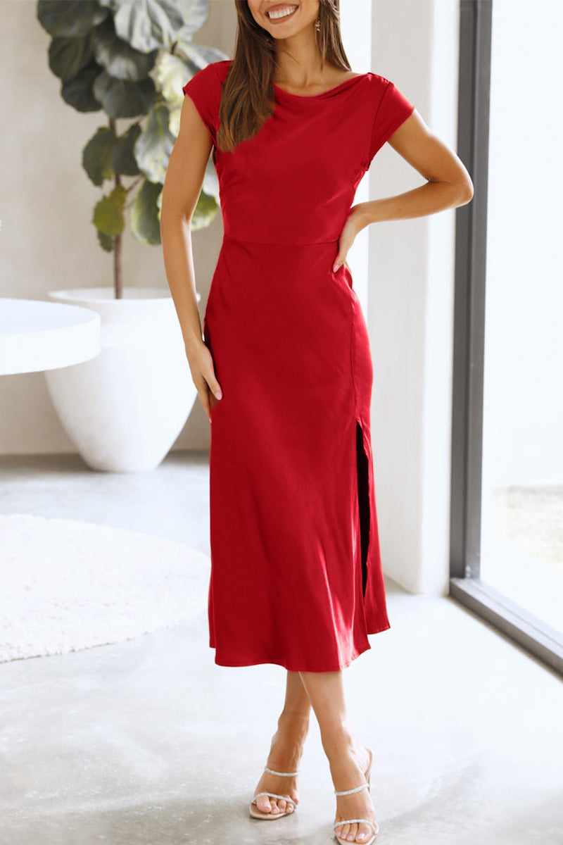 Women's Midi Dress - Boat Neck - Short Sleeve - Fitted Waist - Side Slit Elegant Wear