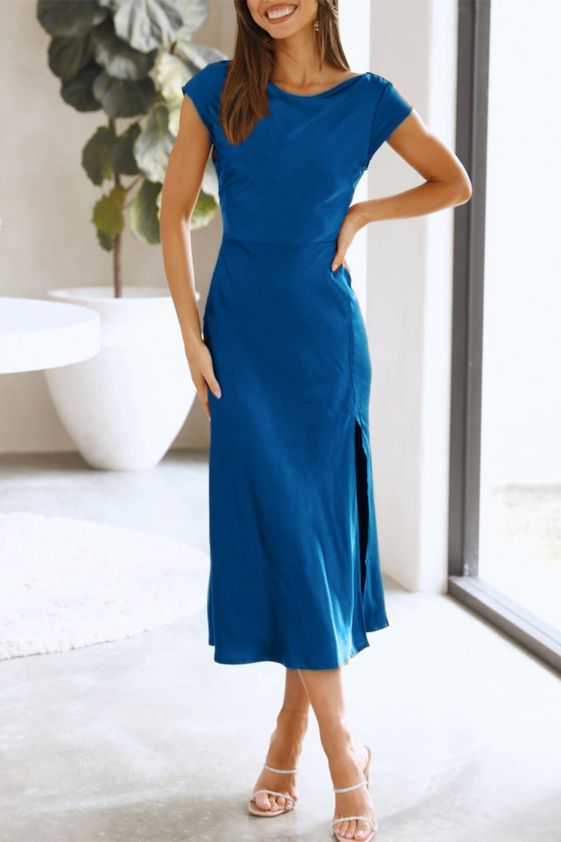 Women's Midi Dress - Boat Neck - Short Sleeve - Fitted Waist - Side Slit Elegant Wear