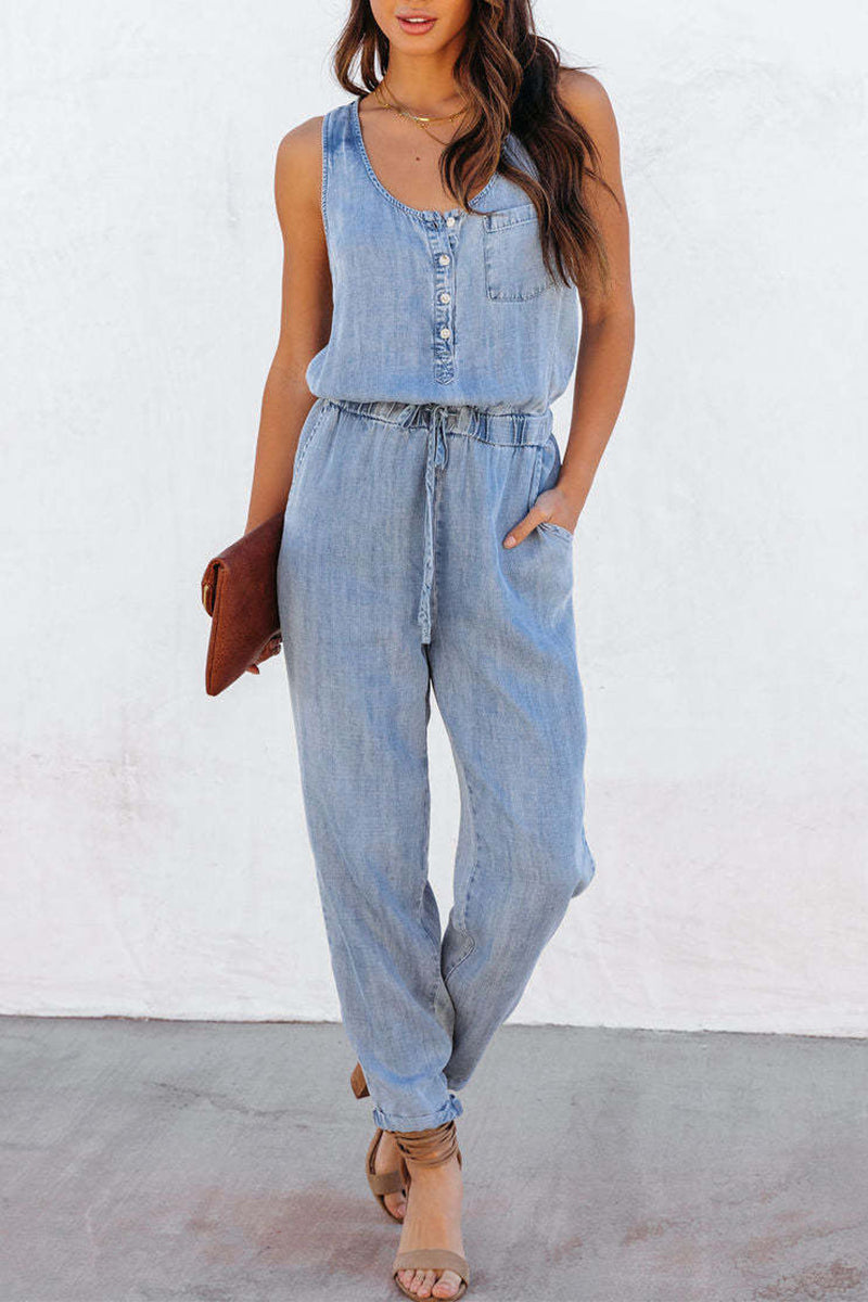 Leona - loose u neck sleeveless denim jumpsuit for casual wear