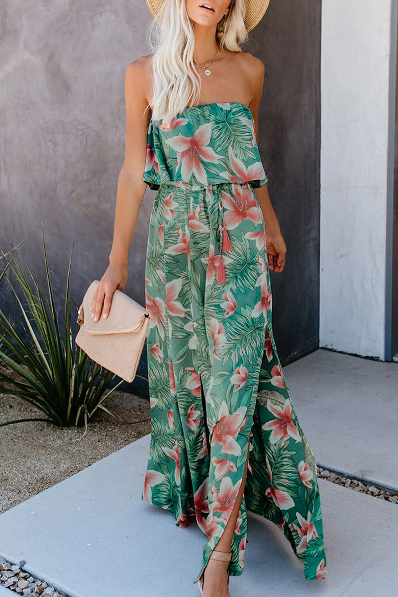 Women's Strapless Maxi Dress - Floral Print - Ruffle Off-Shoulder - Flowy Cinched Waist