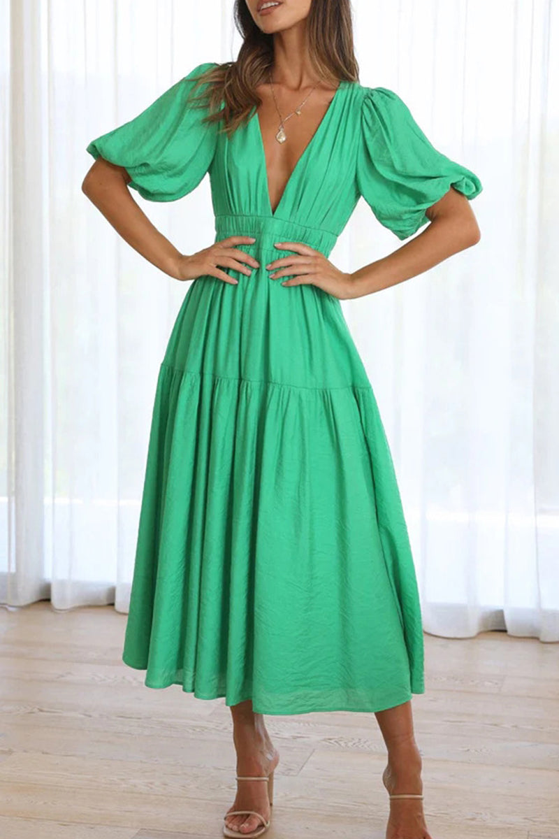 Women's Midi Dress - Deep V-Neck - Puff Sleeve - Flowy A-Line Silhouette