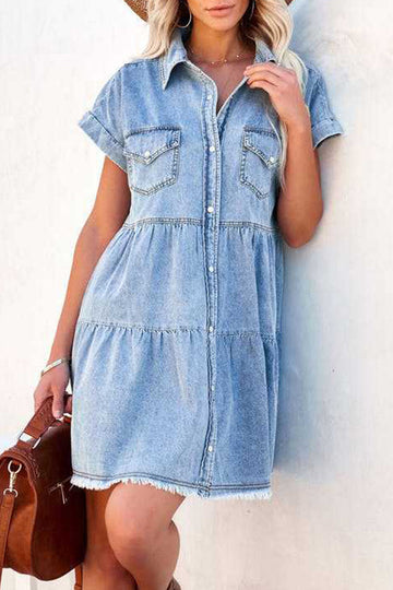 Women’s Denim Shirt Dress - Short Sleeve - Button Down - Relaxed Fit - Frayed Hem