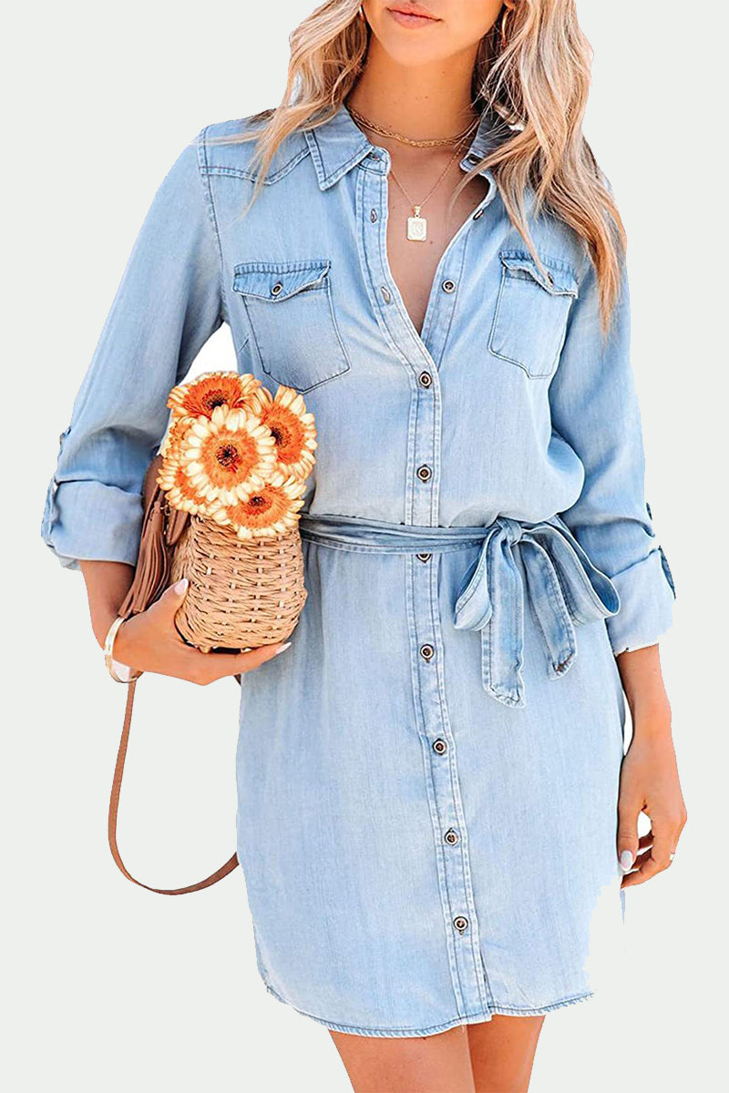 Women's Denim Shirt Dress - Button Down - Long Sleeve - Belted Waist - Casual Chic