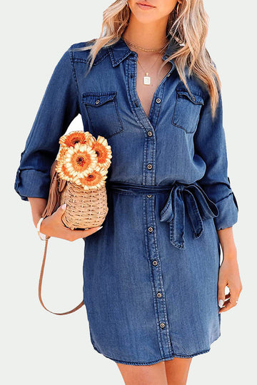 Women's Denim Shirt Dress - Button Down - Long Sleeve - Belted Waist - Casual Chic