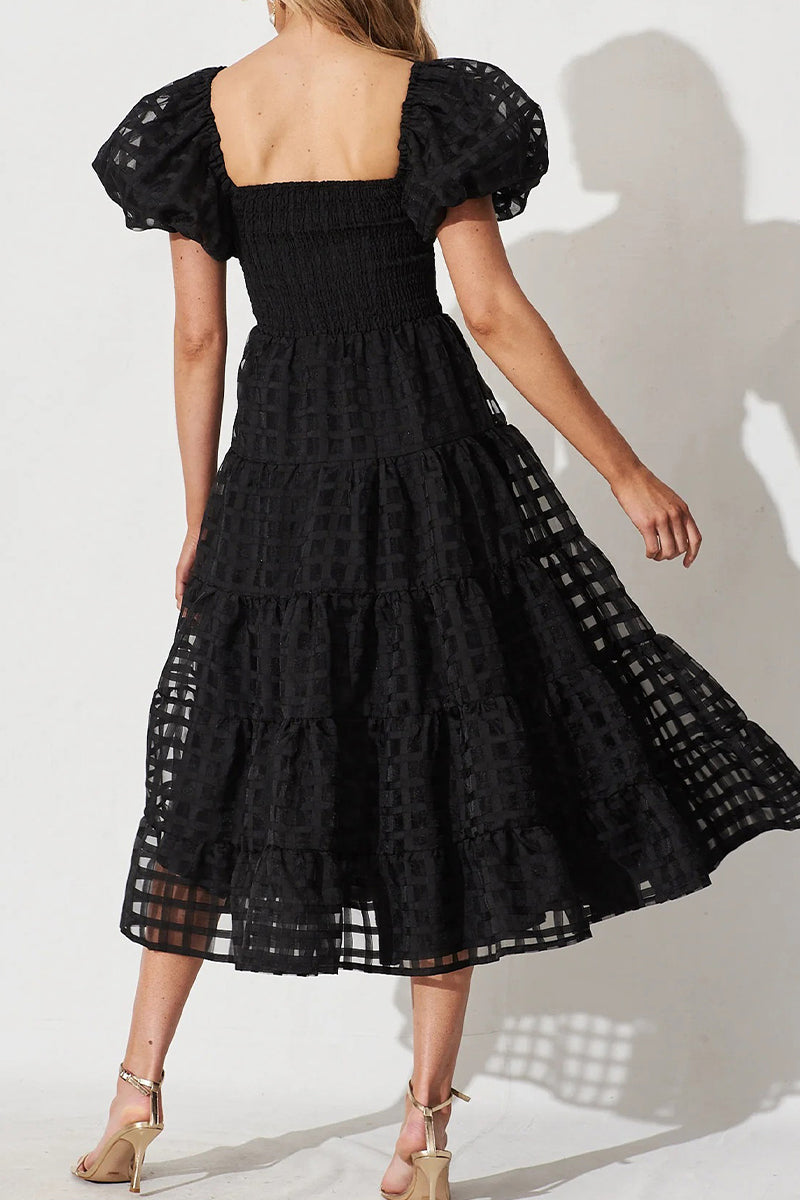 Women's Midi Dress - Puff Sleeve Square Neck - Smocked Bodice Tiered Skirt