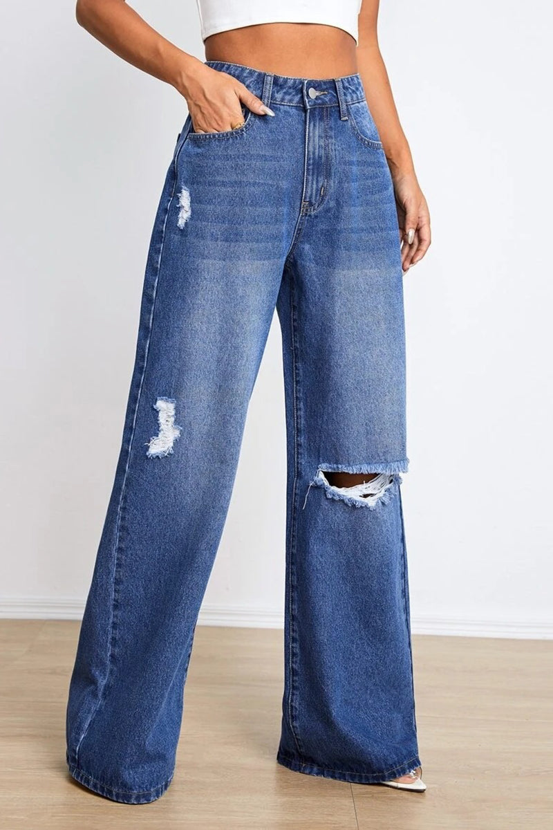 Giselle - casual street solid ripped loose denim jeans